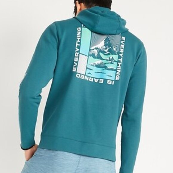 Gap Dynamic Fleece Graphic Pullover Hoodie Teal Blue 4- Way Stretch M (hole) - Picture 2 of 16